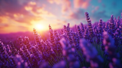 A vibrant lavender field at sunset, showcasing nature's beauty and tranquility.