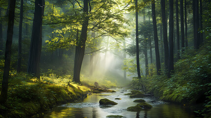 Fototapeta premium Forest in a misty grove, with the sounds of running water and chirping birds, created with generative ai. Shadowsong. Illustration