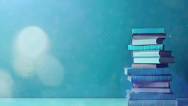 stacks of books for education in the college on blue background with orbs light seamless looping overlay 4k virtual video animation background