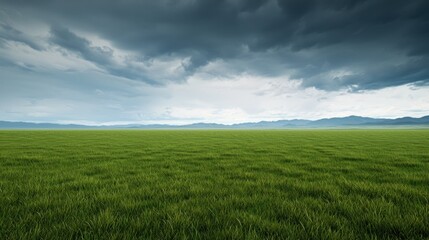 Obraz premium Expansive green field under a dramatic sky with distant mountains.