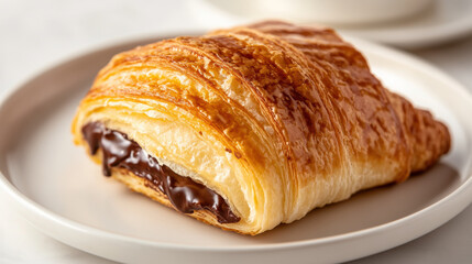 Delicious Chocolate Filled Croissant on White Plate with Daylight