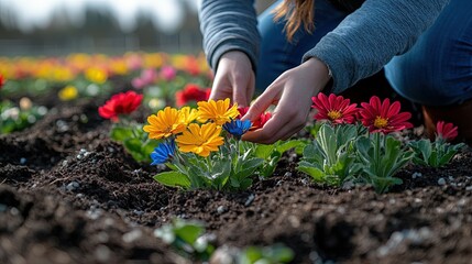 Fototapeta premium A person tending to colorful flowers in a garden, showcasing gardening and nature appreciation.
