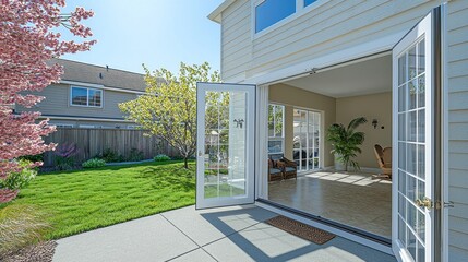 Spring backyard patio French doors open sunlit home