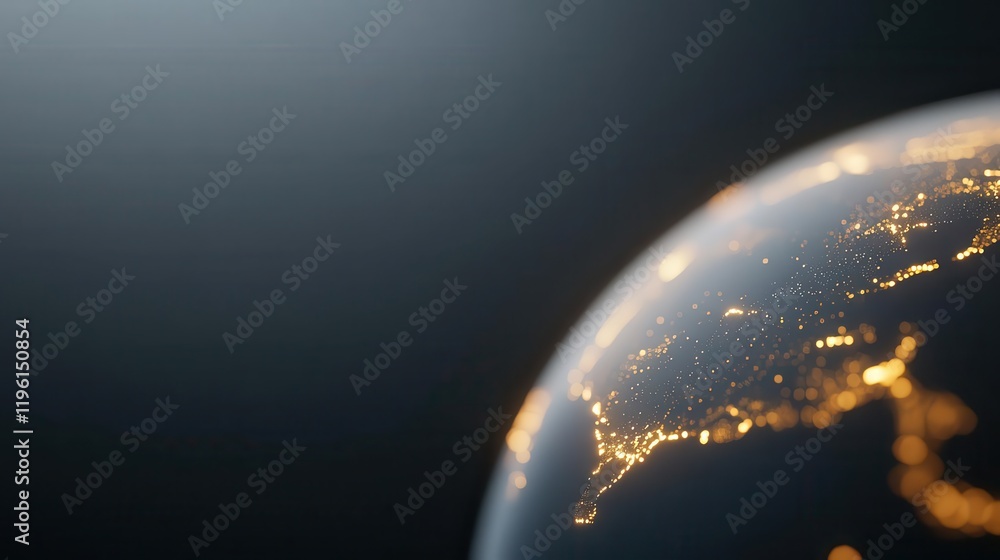 Poster globe with glowing continents rotating in space, futuristic and dynamic, exploration theme.