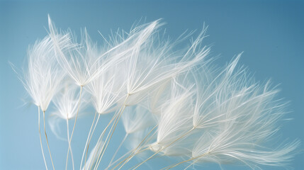 Soft-focus white dandelion seeds grouped against bright blue background, nature macro