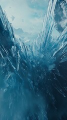 Crystal cave, icy formations, frozen landscape.