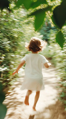 Naklejka premium Young Caucasian Girl Running Through Sunlit Forest Path in Summer