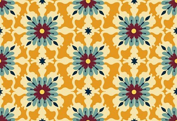 Vintage Retro Tile Pattern with Symmetrical Flowers in Maroon and Blue on Mustard Yellow Background - Perfect for Home Decor and Design Projects 