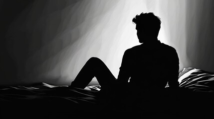 Desperate man in silhouette sitting on the bed alone. masculinity and emasculation concept.
