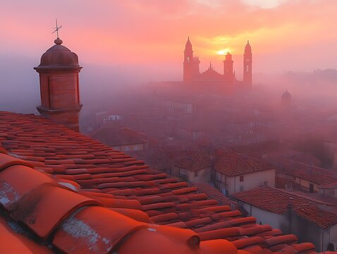 Misty sunrise over Italian town, viewed from terracotta rooftops. - Powered by Adobe