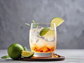 Fototapeta premium A clean, modern glass holds a Dawa cocktail with a vibrant amber hue