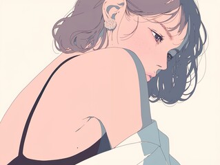 A digital illustration shows a woman with short, wavy hair, wearing a camisole and a blue shirt draped over her shoulder, her gaze softly directed downwards.