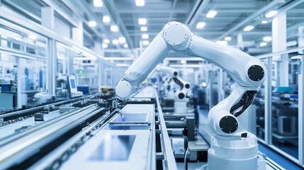 A robot orchestrating an advanced assembly line for electronic devices in a clean, modern manufacturing plant with organized workstations and high-tech machinery, Assembly line tech style
