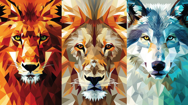 Digital polygon portraits of a fox, lion, and wolf in geometric art style