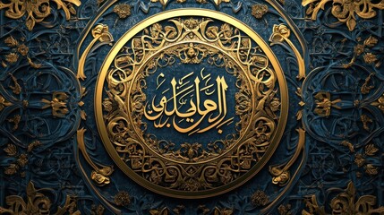 Fototapeta premium Intricate Islamic Calligraphy Design on a Rich Blue Background with Golden Accents