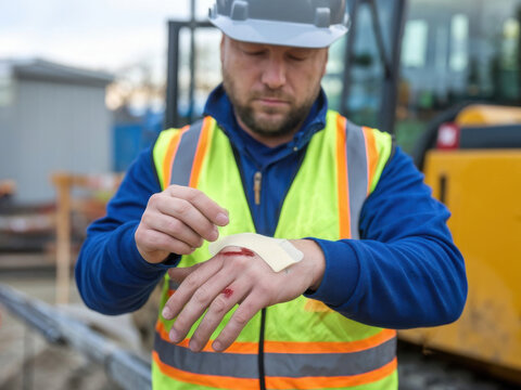 Trabajador de la construcci&oacute;n colocando un vendaje en su mano
