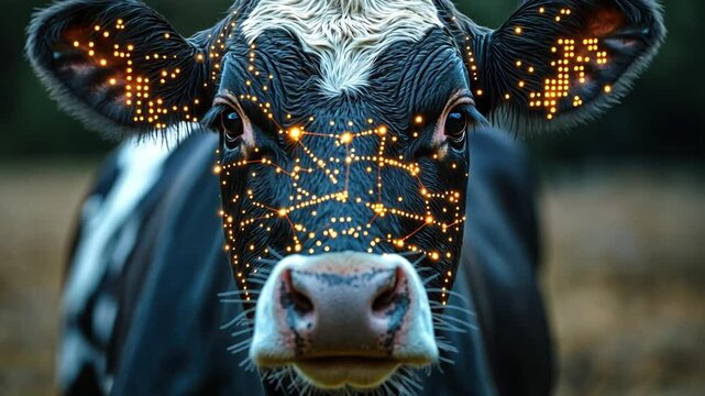 Digital Cow: A close-up of a Holstein cow with a digital overlay of glowing circuit patterns, creating a futuristic and surreal image.  The cow gazes directly at the viewer.