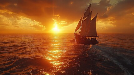 A sailing ship glides across the ocean at sunset, casting reflections on the water amidst vibrant clouds.