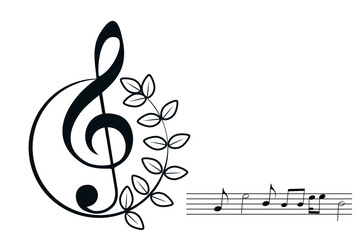 Black treble clef sign, decorated music key symbol, musical melody illustration, notes sound icons. Musical background, design fest card, jazz poster, concert performance banner. Copy space, isolated