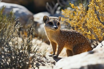 Obraz premium Desert Mongoose Portrait: A Stunning Wildlife Encounter in the Sun-Drenched Habitat
