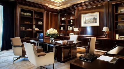 Elegant Conference Room with Refined Dark Furniture and Decor