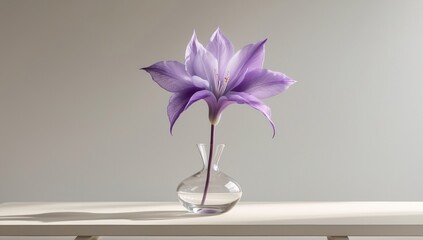 A vibrant purple flower beautifully arranged in a transparent glass vase, placed elegantly on a minimalist table with a neutral background