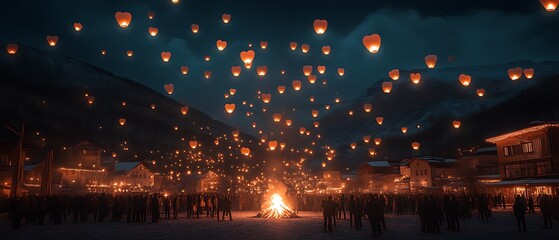 Night sky filled with lanterns over bonfire.