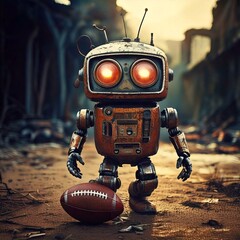 An old robot in an abandoned city playing American Football