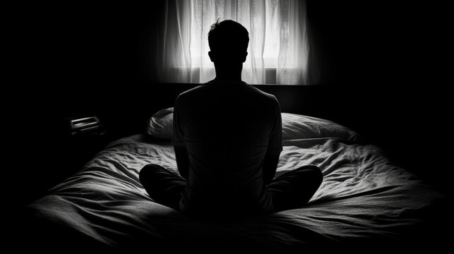 Desperate man in silhouette sitting on the bed alone. masculinity and emasculation concept.