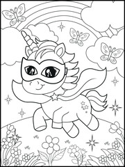 Superhero Unicorn Coloring Page for Kids. A Fun and Printable Black and White Activity Sheet for Kindergarten.
