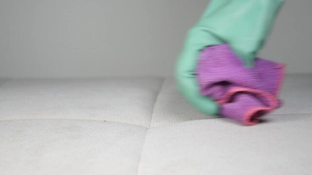 An individual wearing rubber gloves is actively cleaning a sofa by using a cloth