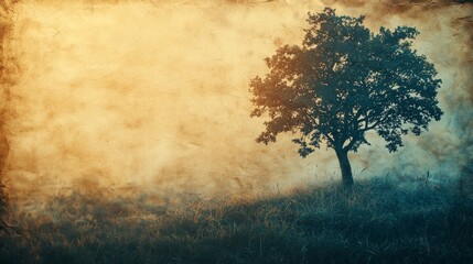 Serene Tree Silhouette Against Vintage Tea Stained Background with Soft Edges