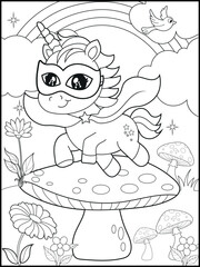Superhero Unicorn Coloring Page for Kids. A Fun and Printable Black and White Activity Sheet for Kindergarten.
