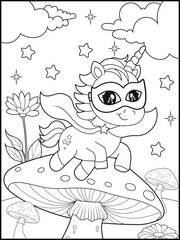 Superhero Unicorn Coloring Page for Kids. A Fun and Printable Black and White Activity Sheet for Kindergarten.
