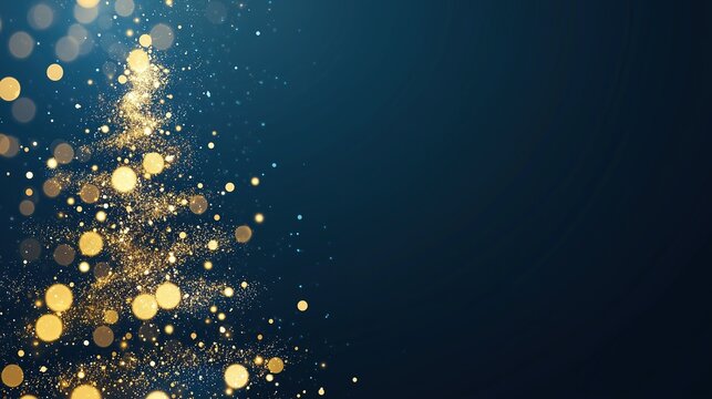 Golden bokeh lights creating the shape of a glowing Christmas tree against a dark blue background. Magical holiday spirit concept