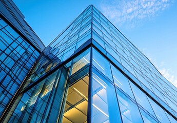 Obraz premium Modern Glass Building Soaring Against Clear Blue Sky with Reflective Surfaces and Architectural Elegance 