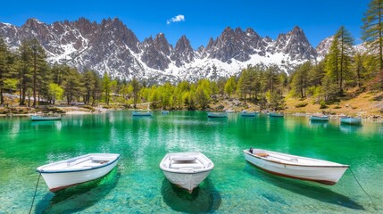 Obraz premium Serene Capped Mountains with Fir Forests Surrounding a Tranquil Emerald Lake