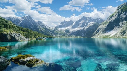 Fototapeta premium Majestic mountain lake surrounded by snow capped peaks and clear blue sky