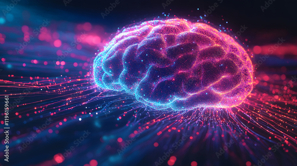 Poster a glowing brain made of interconnected data streams – representing 