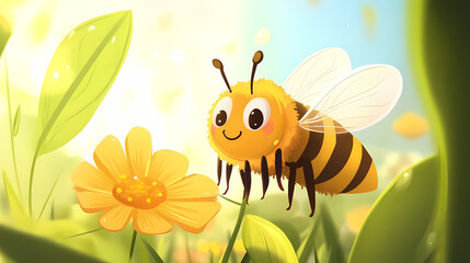 Naklejka premium Cute smiling honeybee cartoon on spring flower or worker bee collecting pollen and nectar for hive. Shadowsong. Illustration