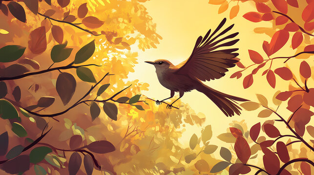 Create a vibrant morning scene with a mockingbird in a lush natural setting for nature lovers and birdwatching enthusiasts. Shadowsong. Illustration