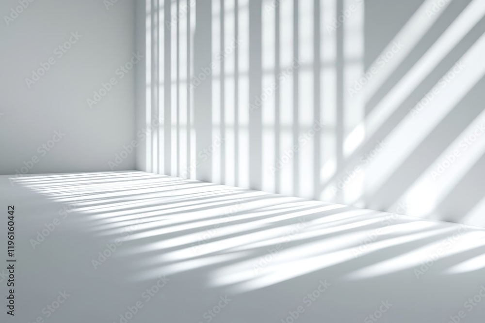 Poster sunlight streams through window, casting vertical shadows on white wall and floor.