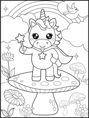 Superhero Unicorn Coloring Page for Kids. A Fun and Printable Black and White Activity Sheet for Kindergarten.
