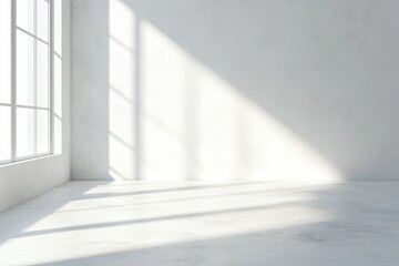Obraz premium Sunlight streams into a minimalist white room with large window.
