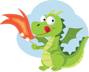 Adorable Dragon Heats Marshmallows on Fire Vector Cartoon. Cute mythical creature roasting marshmallow on a stick 

