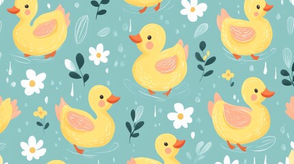duck seamless pattern rubber duck shower bathroom toy bird chicken vector pet scarf isolated cartoon animal tile wallpaper repeat background illustration doodle design