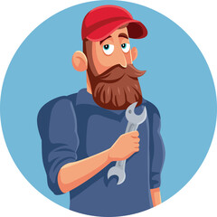 Mechanic Worker Holding Wrench Vector Cartoon Character. Handyman with proper working tools smiling friendly 
