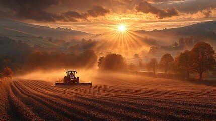 Fototapeta premium A tractor plows a field at sunrise, casting golden light over the landscape, highlighting agricultural beauty.