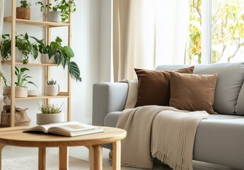 Cozy Living Room with Soft Gray Sofa, Warm Brown Cushions, and Lush Green Plants Bathed in Natural Light
