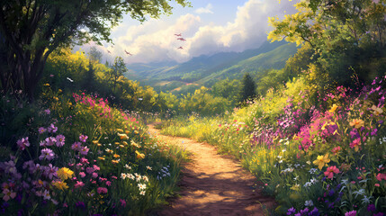 A scenic nature trail with blooming wildflowers and chirping birds. a quaint dirt path winding through a field of colorful flowers. Shadowsong. Illustration